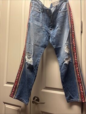 Siwy Blue Distressed Boyfriend Jeans with Patterned Side Stripes